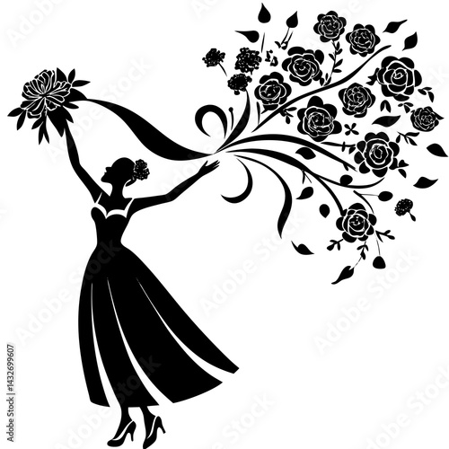 A silhouette of a wedding bouquet being tossed into the air, capturing a playful and joyous moment 