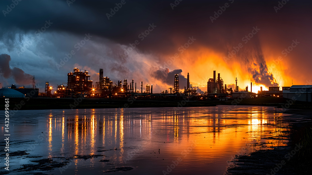 Naklejka premium Industrial complex at dusk with smoke stacks and dramatic lighting reflections