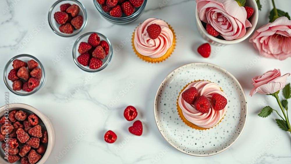 Pink cupcakes with raspberries