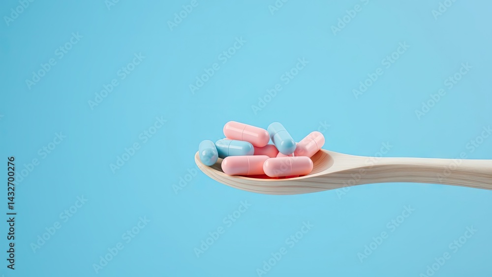 Pink and blue pills on spoon