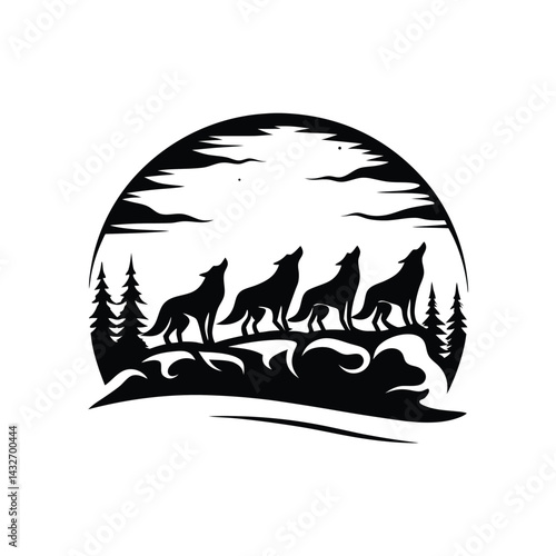 Silhouette of Howling Wolves Under the Moon With Trees and Landscape Design Art