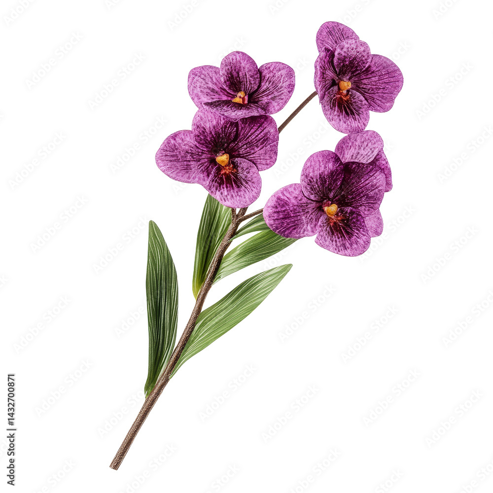 Obraz premium Vibrant single stem of vanda orchid flowers with lush green leaves against a transparent background, single stem of vanda orchid flowers isolated on transparent background