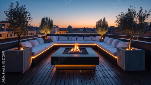 Modern rooftop lounge in rome at twilight showcasing breathtaking city views and elegant design elements for memorable gatherings