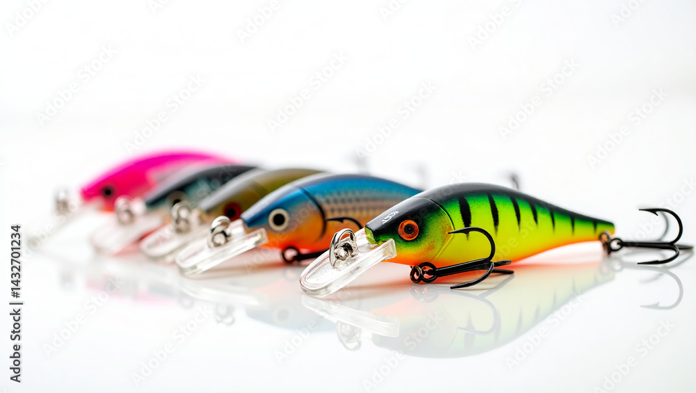 Decoys Exhibition. A selection of colorful artificial lures artistically arranged on a white background. Fish bait for fishing. Decoys Exhibition. A selection of colorful artificial lures artistically arranged on a white background. Fish bait for fishing.
