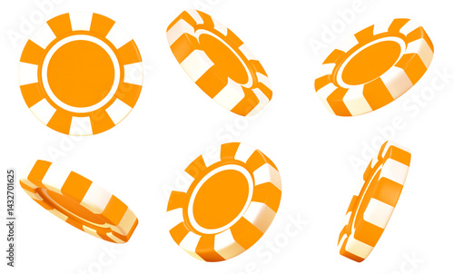 3d orange casino poker chips. Orange and white chips for betting and gambling games. Stock vector illustration on isolated background.	
