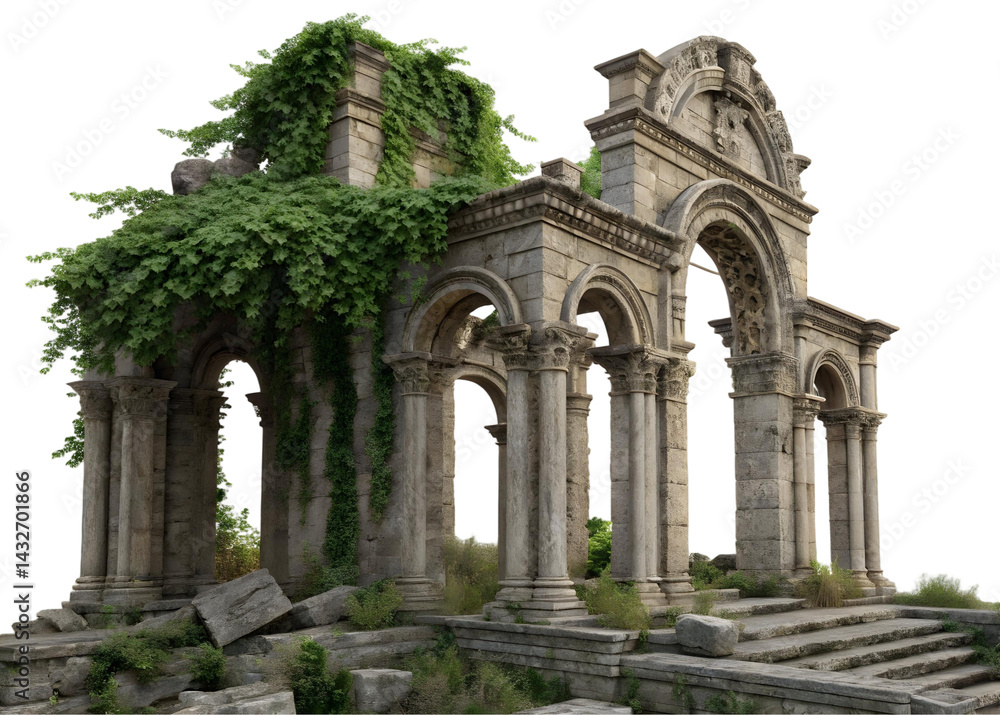 Fototapeta premium Ancient stone ruins with arches and columns covered in green ivy on a transparent background