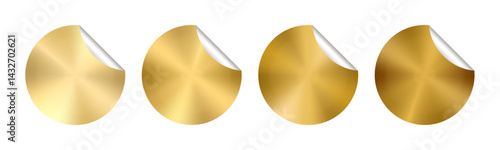 Gold sticker round label price tag. Golden holographic prize vector icon. Gradient glitter plate folded edge. Promo bonus seal stamp. New offer 3d mark foil badge. Premium paper texture circle shape