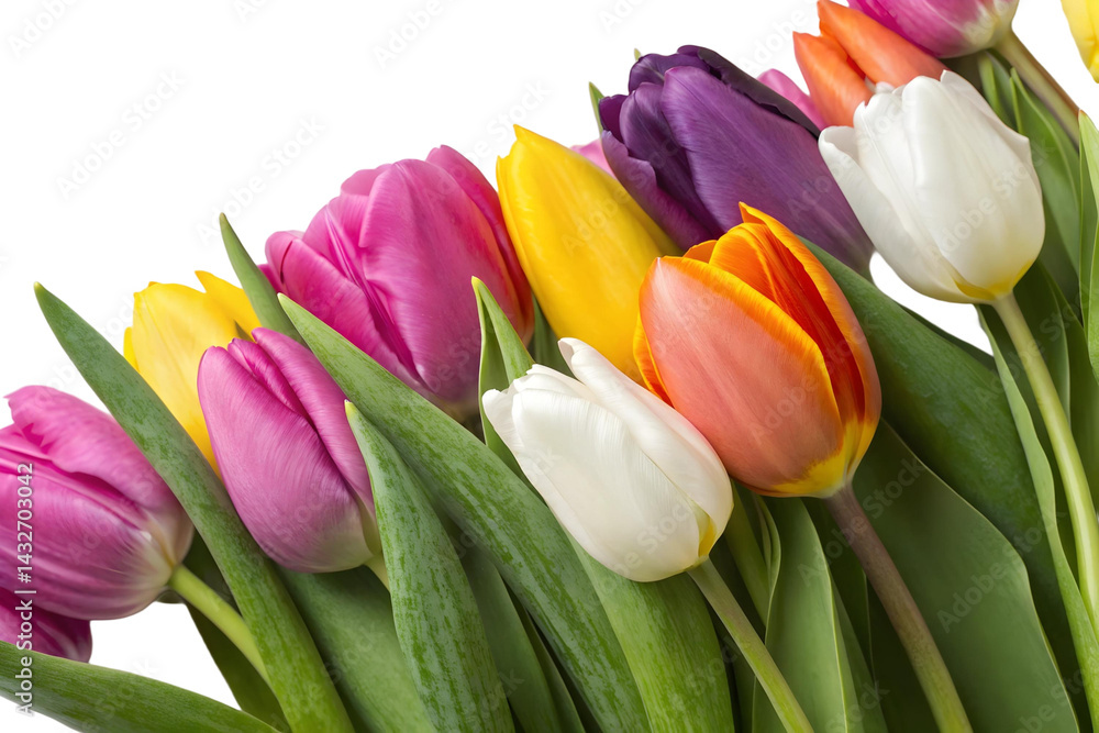Close up of colorful tulip bouquet with pink yellow purple and white flowers on a transparent background Close up of colorful tulip bouquet with pink yellow purple and white flowers on a transparent background