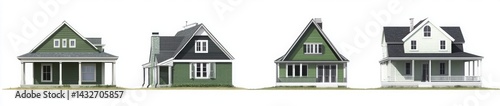 Four Classic House Styles Row of Green and White Houses Architectural Renderings