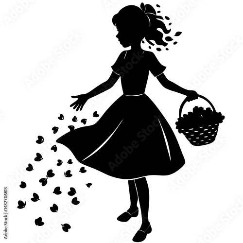 A silhouette of a young flower girl gracefully scattering petals down the aisle, capturing a charming and delicate moment