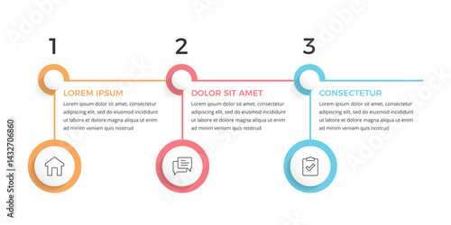 Modern three-step infographic template with numbered sections and circles for icons, vector eps10 illustration