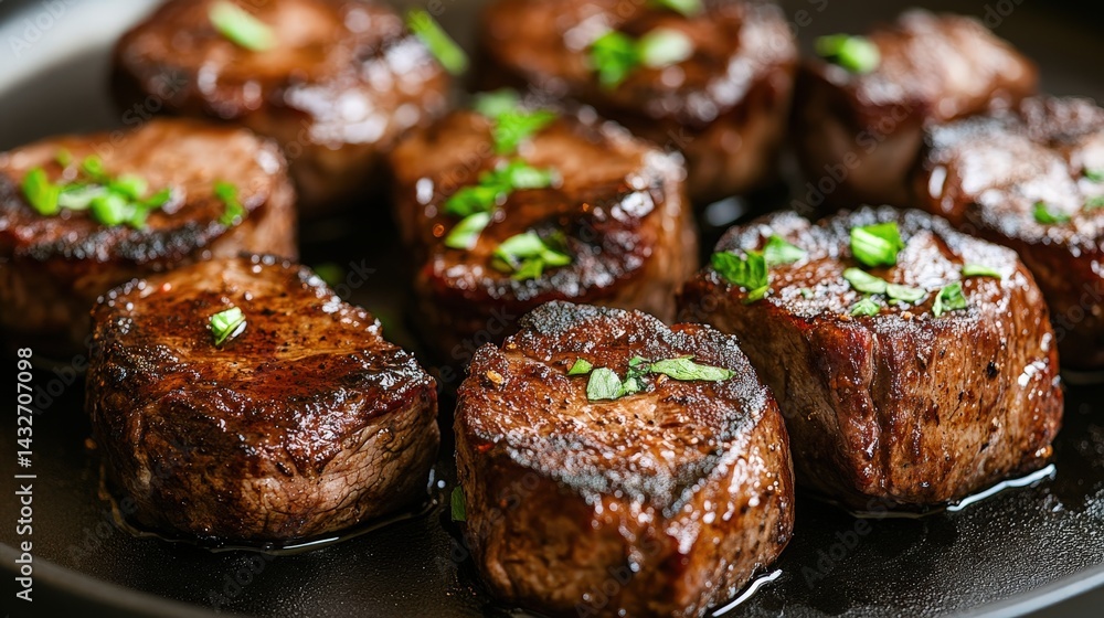 Tender grilled steak pieces garnished with herbs Tender grilled steak pieces garnished with herbs