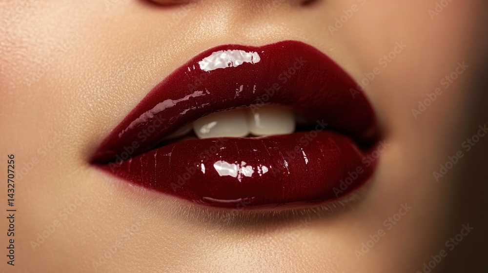 Obraz premium An ultra-close-up shot of a woman's lips, gently biting the lower lip, accentuating their softness and natural curves