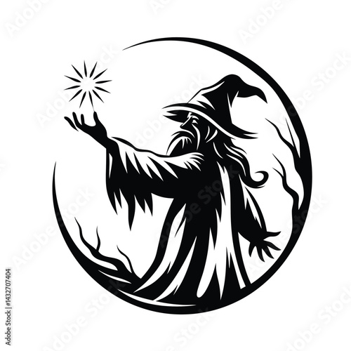 Wizard Silhouette Holding Star, Fantasy Character in Black and White