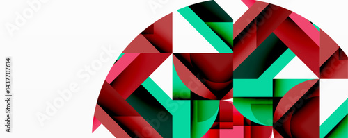 Abstract geometric composition. Red, teal, black shapes overlap forming partial circle. Minimalist design, modern aesthetic.