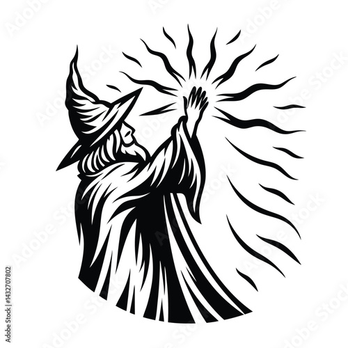 Silhouette of Wizened Wizard Holding Sphere of Light with Tall Pointed Hat and Beard