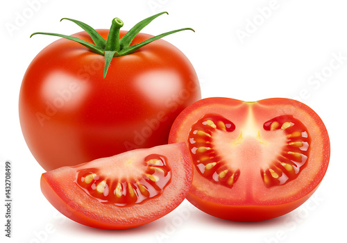 Ripe red tomatoes, one whole and two slices