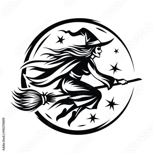 Black and White Silhouette of Witch Flying on Broomstick in Circle Shape With Stars