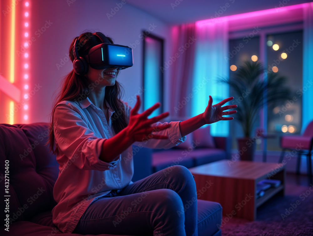 In the image, a person is wearing a VR headset and sitting on a couch in a dimly lit room with neon lights