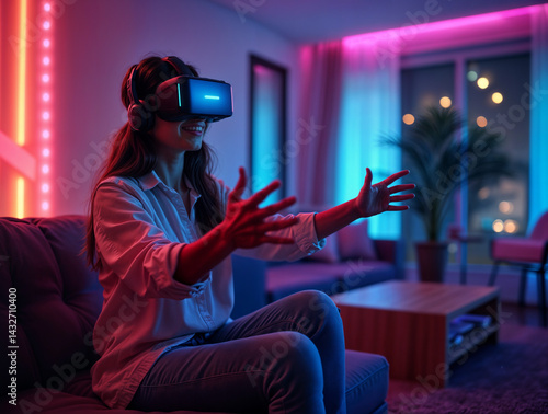 Obraz na płótnie In the image, a person is wearing a VR headset and sitting on a couch in a dimly lit room with neon lights w salonie