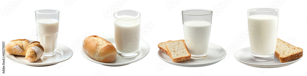 Glass of milk and plate with bread Isolated on transparent background. PNG , Set of Glass of milk and plate with bread Isolated on transparent background. PNG , Set of