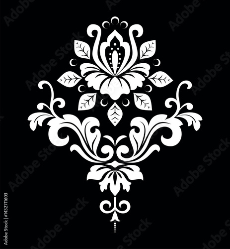 Damask graphic ornament. Floral design element. Black and white vector pattern.