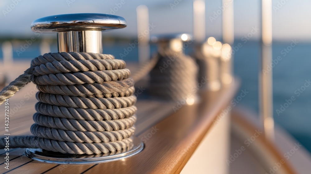 Obraz premium Close-up of polished boat cleats and rope on a yacht deck with ocean view in the background