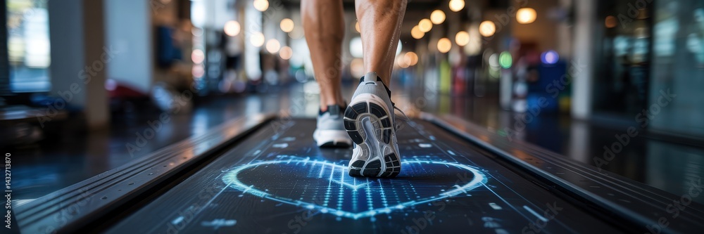 Person walking on a futuristic treadmill with heart display.
