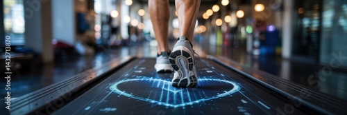 Obraz na płótnie Person walking on a futuristic treadmill with heart display. w salonie
