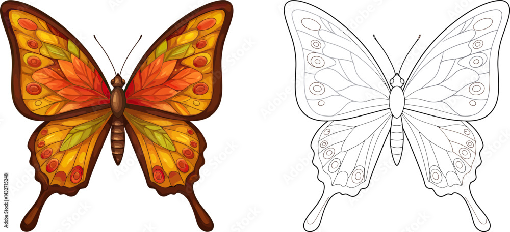 Fototapeta premium Butterfly Coloring Page: A beautifully illustrated butterfly with vibrant orange and yellow wings, perfect for coloring and creative expression.