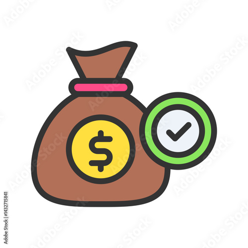 Cash Bag Approved icon vector image. Suitable for mobile apps, web apps and print media.