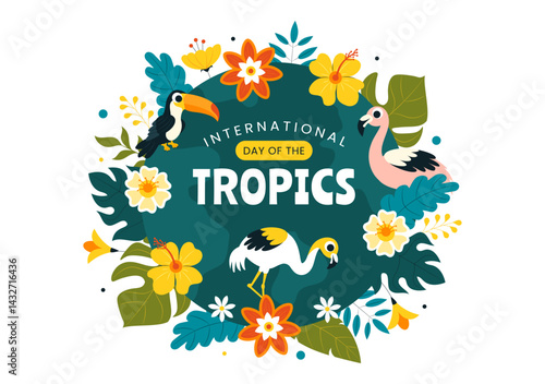 International Day of the Tropics Vector Illustration on June 29 Featuring Animals, Grass, and Flowering Plants to Preserve Tropical Nature