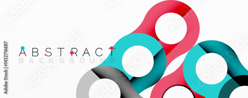Bright abstract design features interconnected circles. Red, teal, gray colors create modern visual effect. Minimalist composition.
