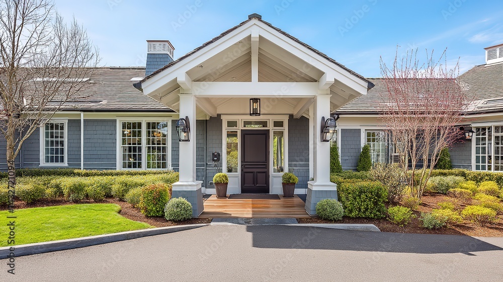 Fototapeta premium Elegant House Entrance with Architectural Details, Soft Blue Sky Background, Natural Daylight, Professional Real Estate Photography Style