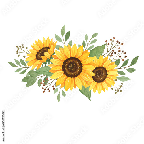 Sunflower arrangement with leaves and berries on transparent background