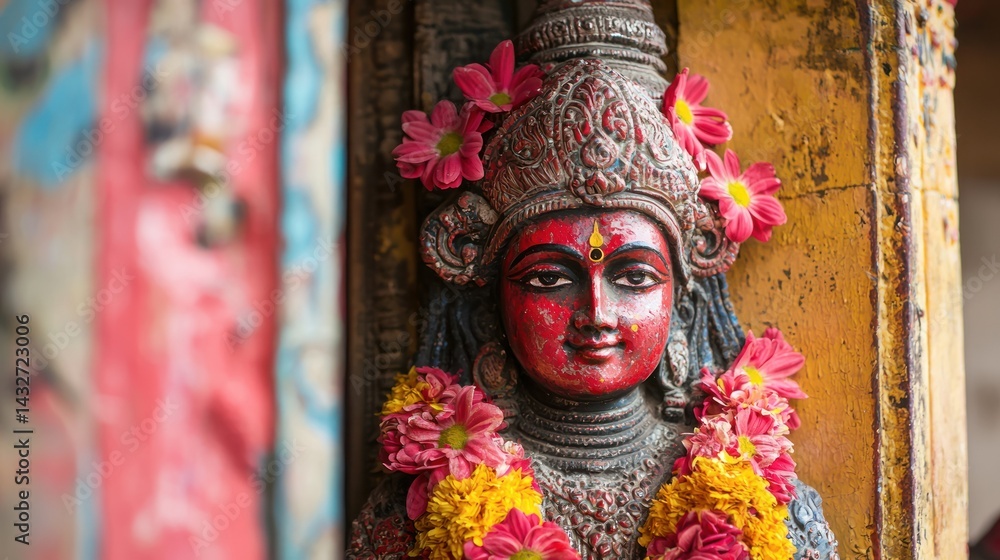 Fototapeta premium Traditional Indian village deity statue covered in red sindoor