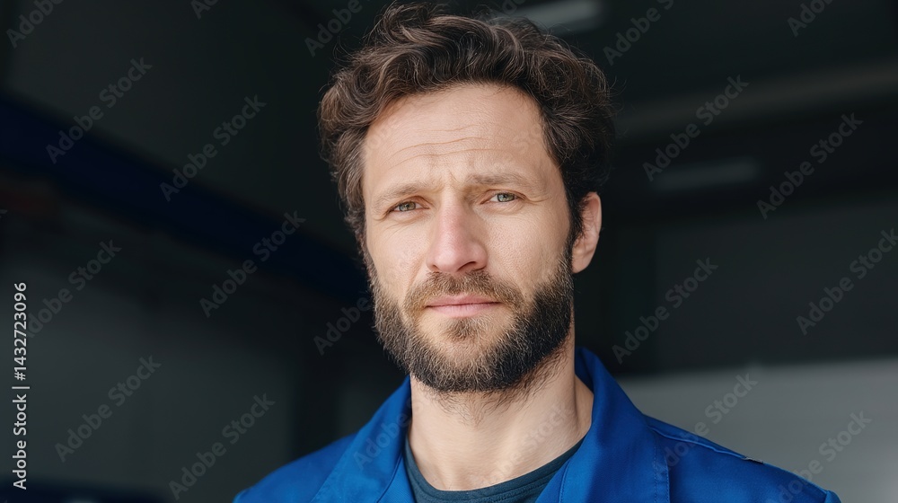 Male Warehouse Worker in Blue Uniform, Focused Expression, Upper Body Shot, Industrial Backdrop, Soft Overhead Lighting Male Warehouse Worker in Blue Uniform, Focused Expression, Upper Body Shot, Industrial Backdrop, Soft Overhead Lighting
