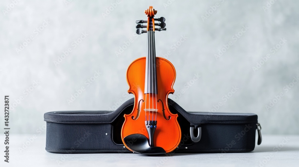 Naklejka premium A classic violin rests in its black case against a neutral backdrop.