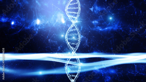 Dark blue glowing light with 3d dna chain illustration.