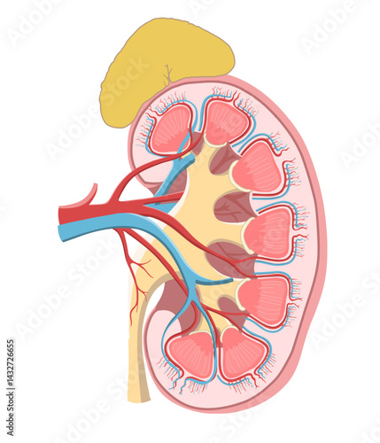 人体の左腎臓と副腎のわかりやすい断面イラスト