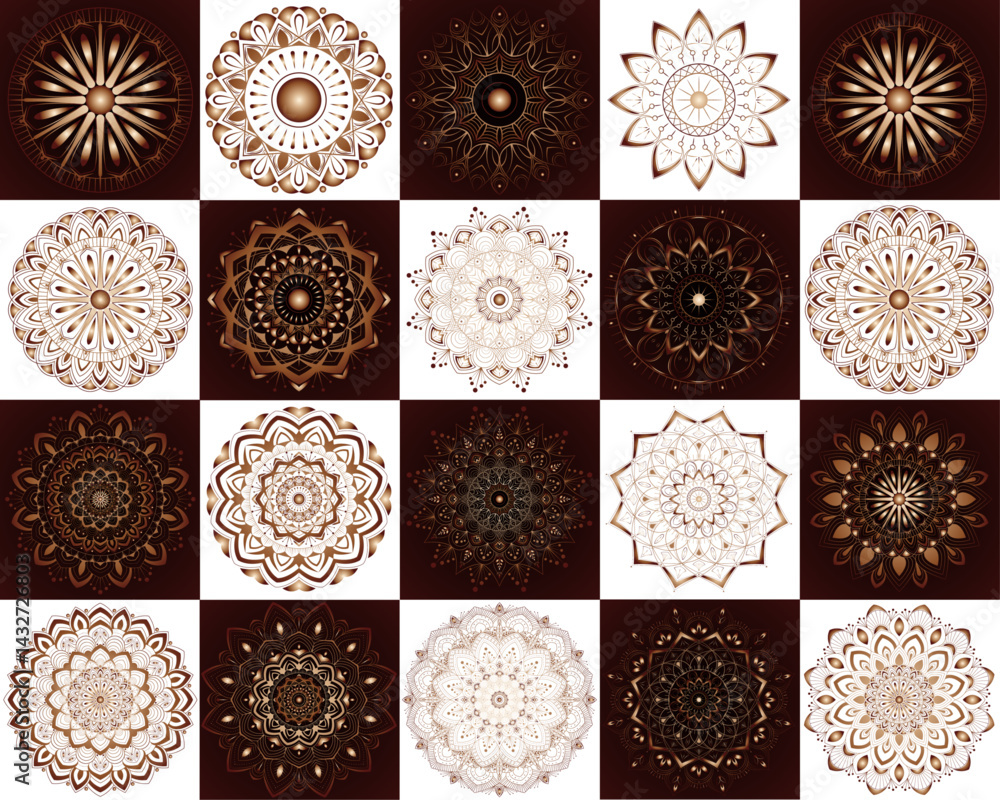 Obraz premium Mandala set with creative shape for greeting, card, brand, business, Halfon, packaging, wish, gift card, template, decoration | Abstract floral icon set with black-white background red colour 20 shape