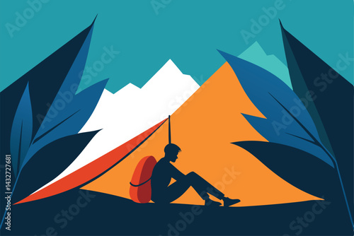 backpacker resting under giant leaf shelter