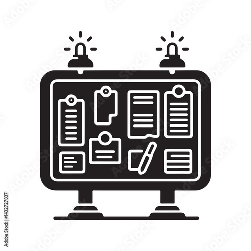 Bulletin Board Silhouette Vector Illustration, Solid White Background.