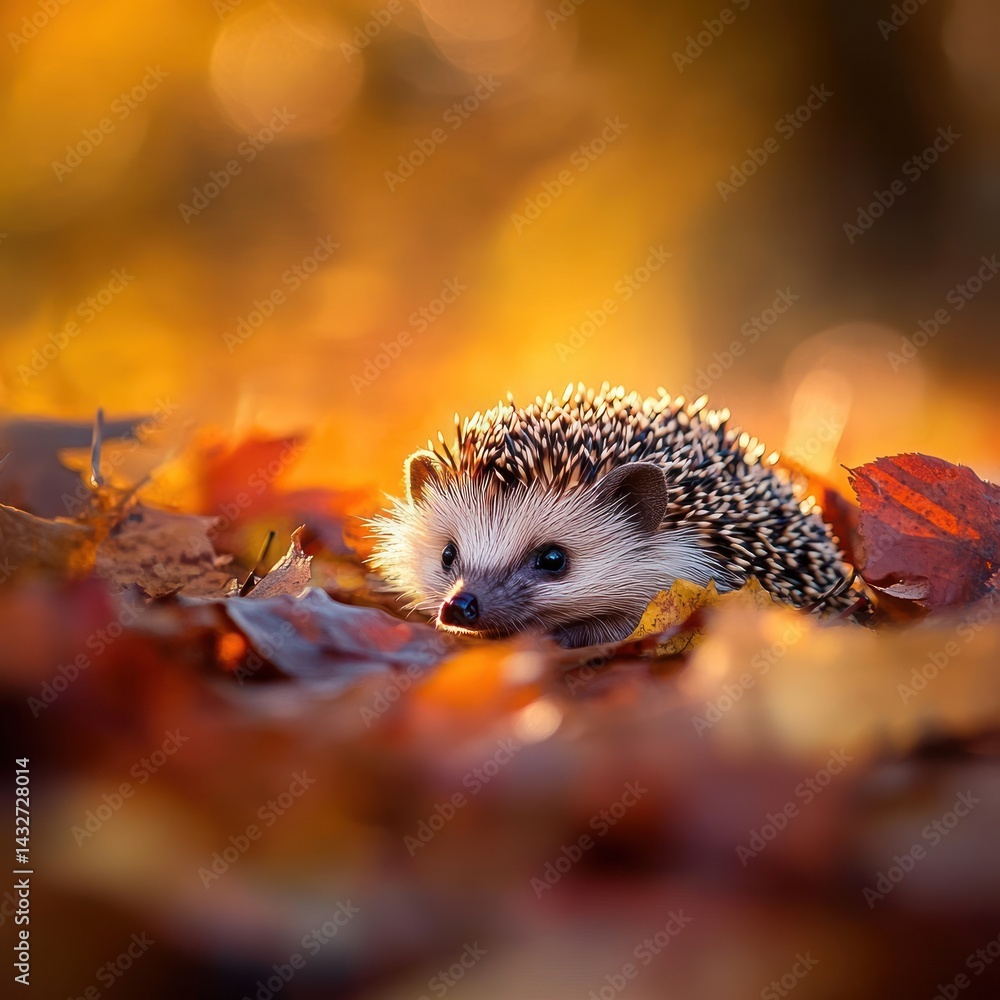 Fototapeta premium Adorable hedgehog in autumn leaves