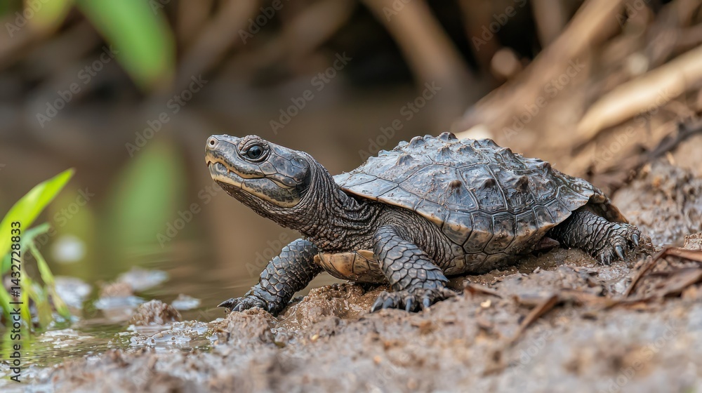 A baby alligator snapping turtle resting on a riverbank A baby alligator snapping turtle resting on a riverbank