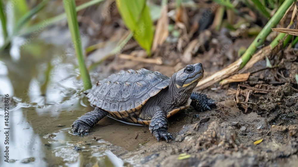 Obraz premium A baby alligator snapping turtle resting on a riverbank