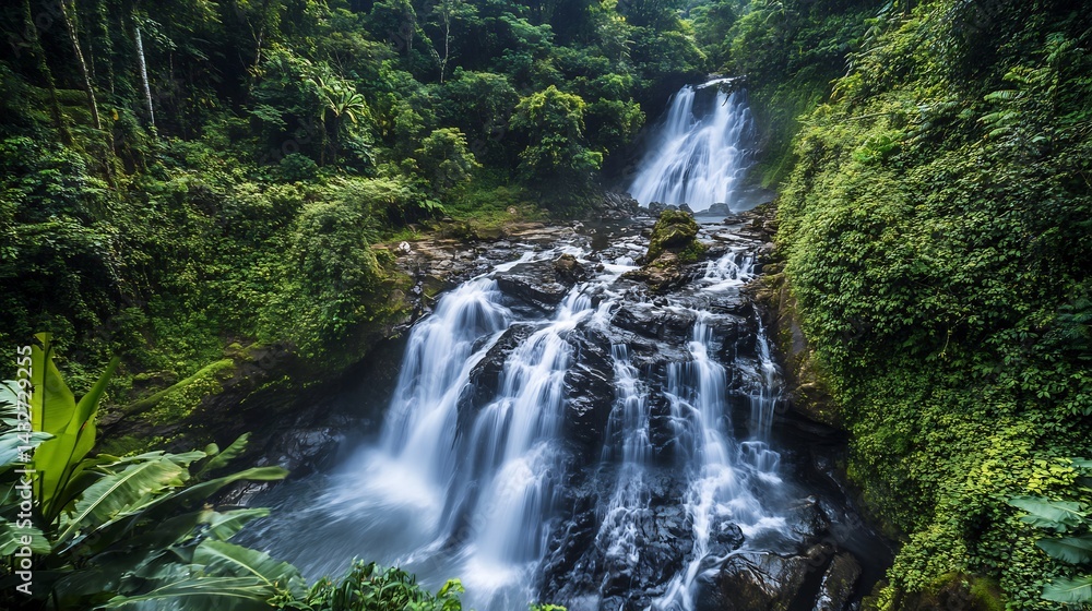 Fototapeta premium Serene Waterfall Cascading Through Lush Tropical Forest
