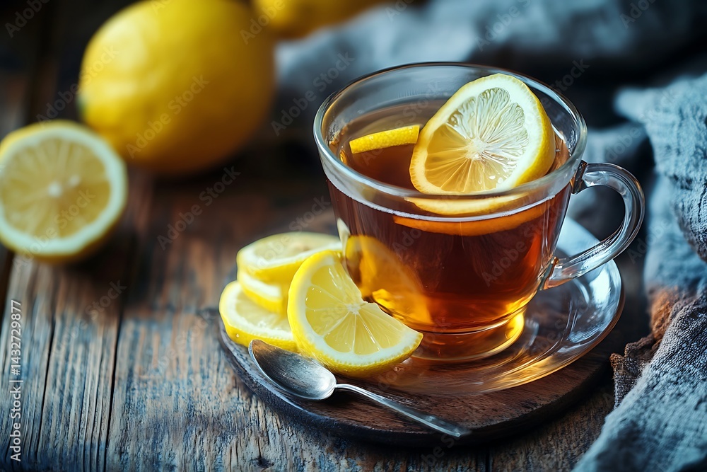 A glass of tea with lemon and cranberries on a wooden table A glass of tea with lemon and cranberries on a wooden table
