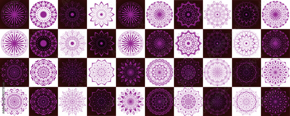 Obraz premium Mandala set with creative shape for greeting, card, brand, business, Halfon, packaging, gift card, template, decoration | Abstract floral icon set with black-white background violet stroke 40 shape