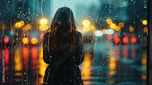 Lonely Woman Gazing Through Rainy Window at City Lights, Reflecting on Life's Challenges